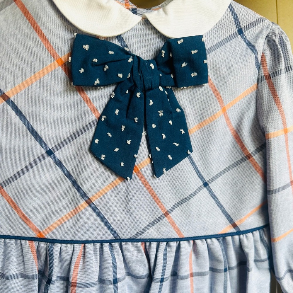 Girls Blue Plaid Peter Pan Collar Dress with Bow - Picture 2 of 5